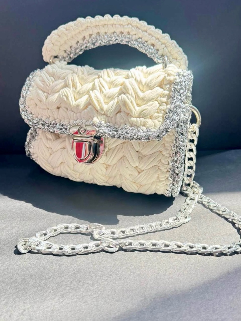 White Crochet Mini Top-Handle Bag with Silver Trim - Picture 3 of 6